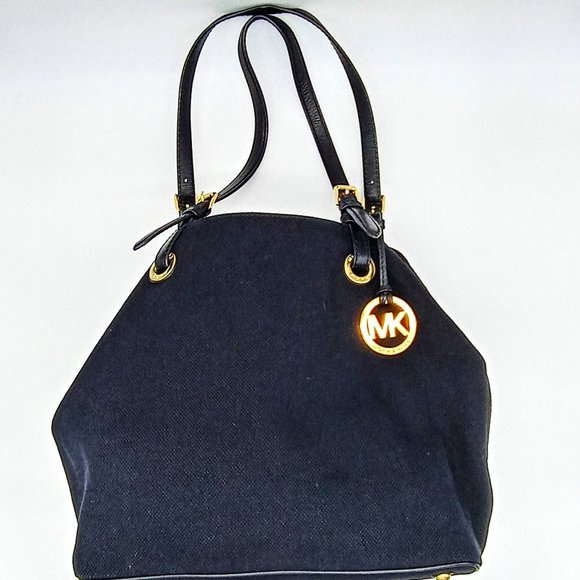 Michael Kors Handbags - EUC Michael Kors Woven Canvas & Leather Regina Black & Gold Shoulder Bag Tote